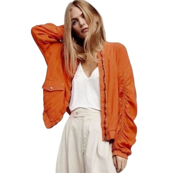 Free People XS Womens Ruched Linen Bomber Jacket Orange Full Zip - Picture 1 of 10